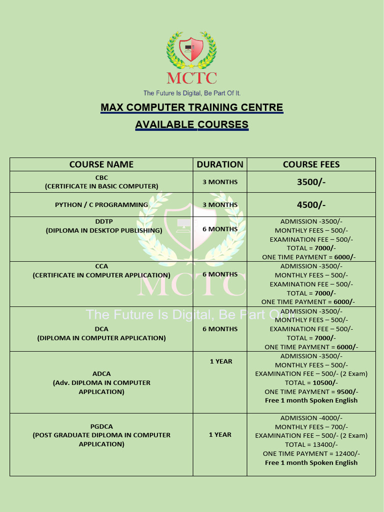 Max Computer Training Centre Fee Structure | PDF | Educational Stages ...
