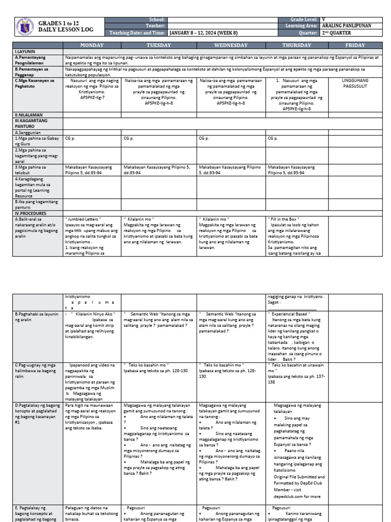 DLL - Araling Panlipunan 5 - Q2 - W8 | PDF