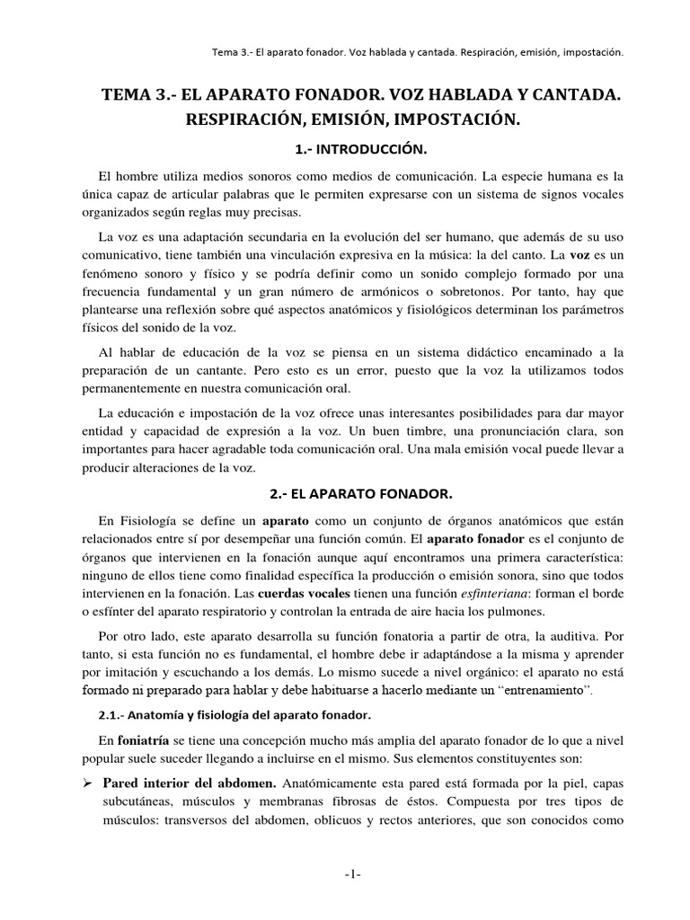 TEMA 3. - El Aparato Fonador. La Voz Hablada y Cantada. Respiración ...