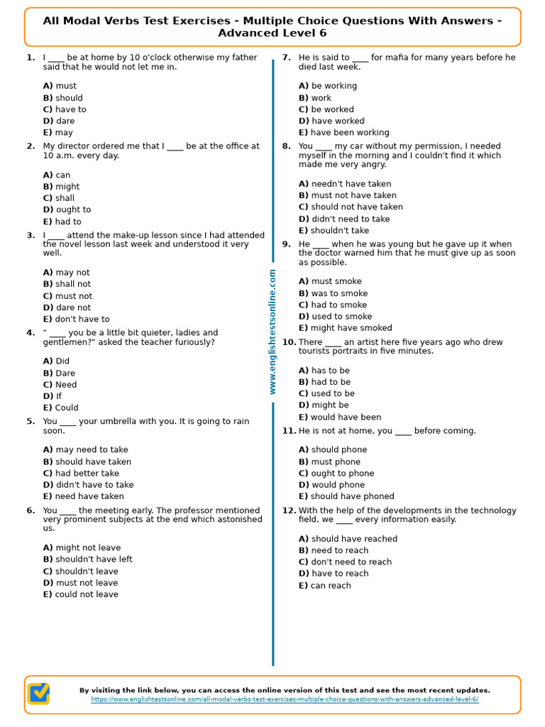 Advanced Modal Verbs Quiz PDF | PDF | Multiple Choice