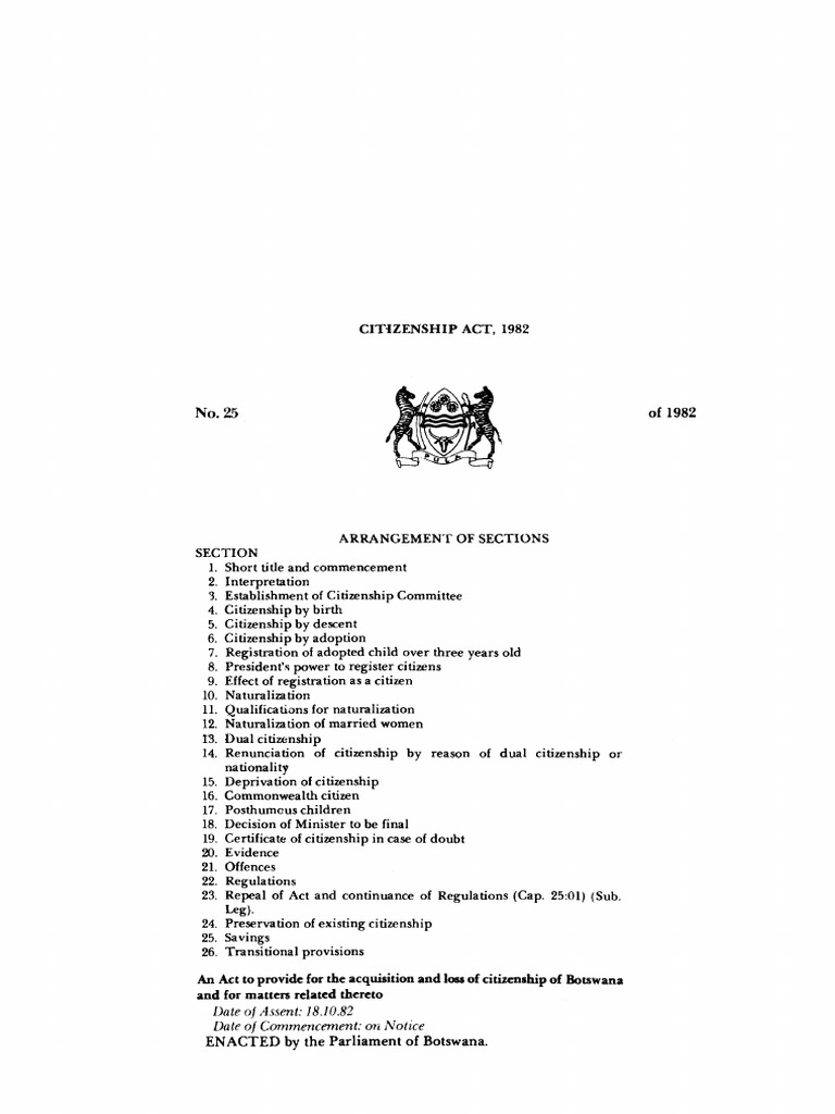 Botswana Citizenship Act Overview | PDF | Naturalization | Citizenship