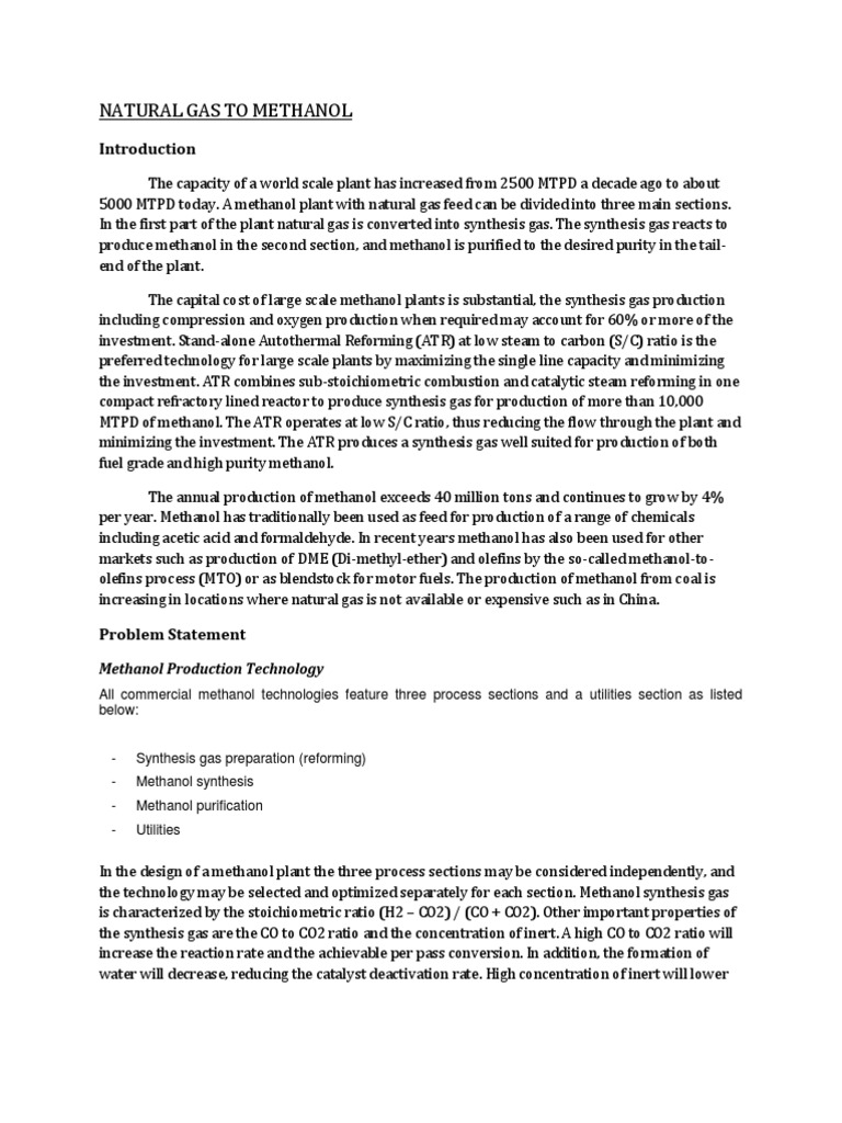 Methanol Production from Natural Gas | PDF | Methanol | Natural Gas