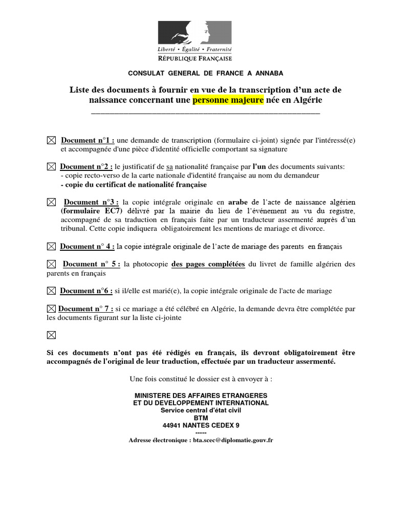 Demande de transcription acte EC7 | PDF | Certificat de naissance ...