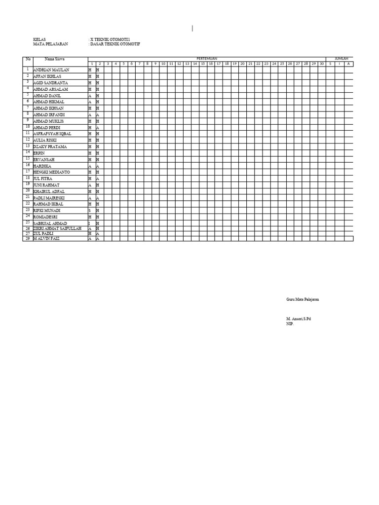 Daftar hadir siswa to 1 pdf