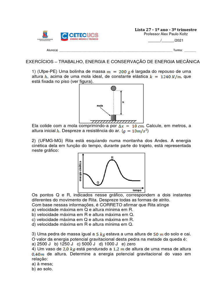 L27 Exercicios de Revisão TRABALHO E ENERGIA | PDF