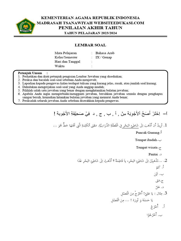 Soal PAT Kelas IX - Bahasa Arab 2024 | PDF