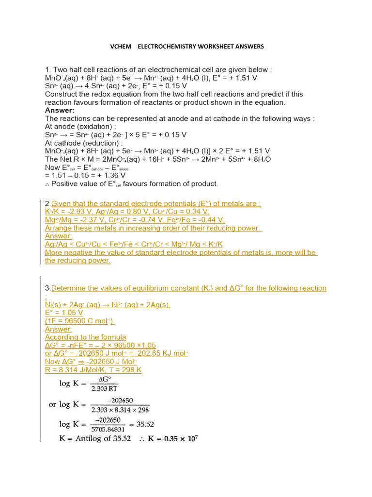 Electrochemistry Worksheet Answers | PDF | Electrochemistry | Redox