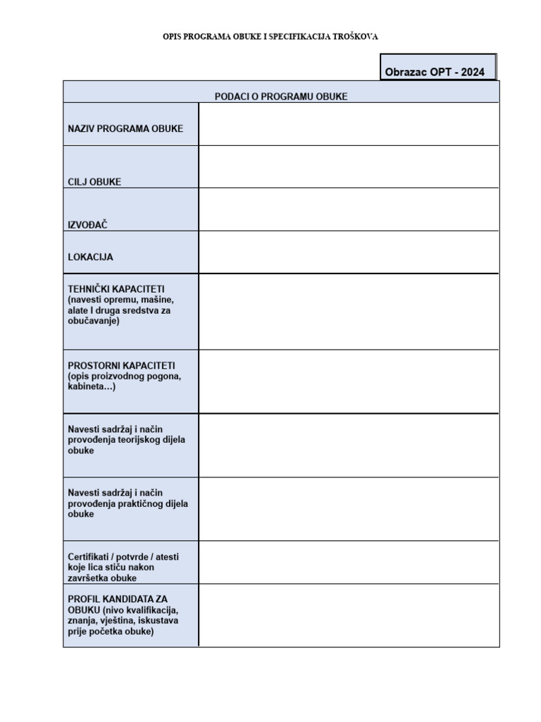 Obrazac Opt 2024 Opis Programa Obuke I Specifikacija Troškova Pdf