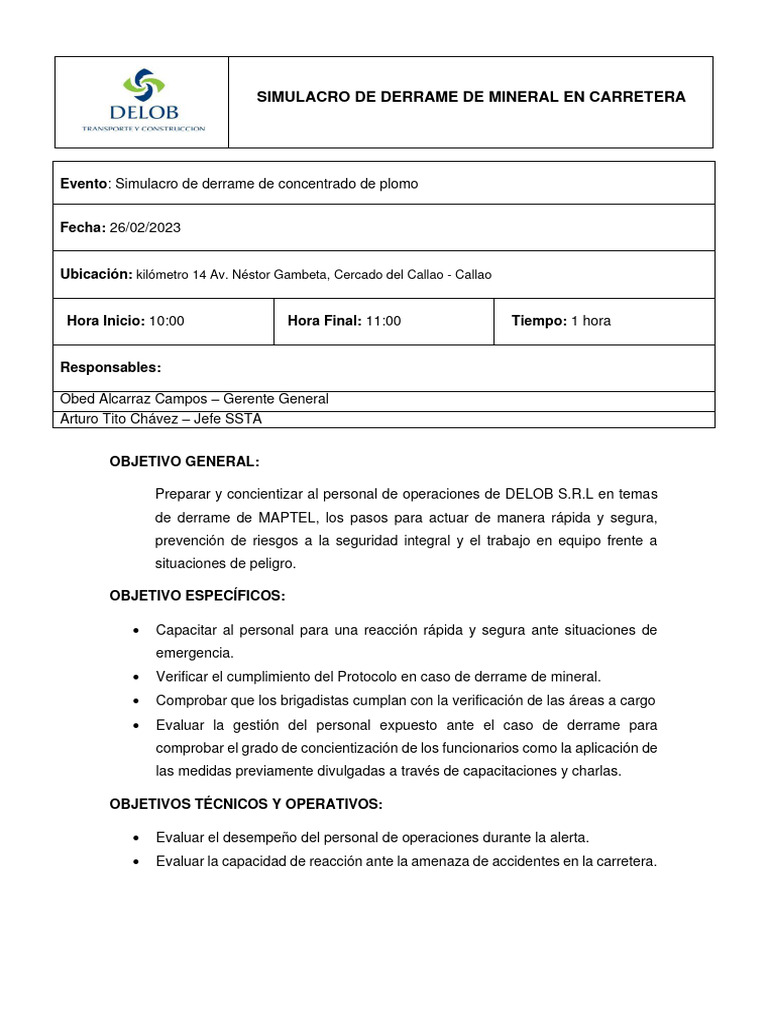 Simulacro de Derrame de Mineral en Carretera 26-02-2023 | PDF | Simulación