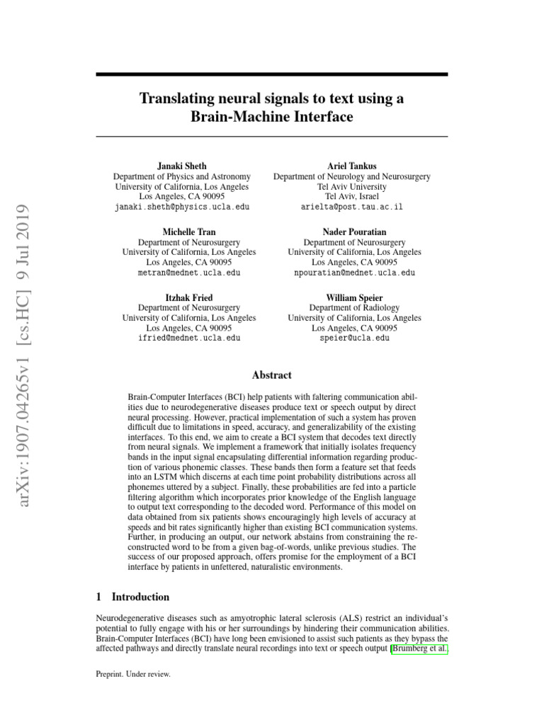 Translating neural signals to text using a brain machine interface