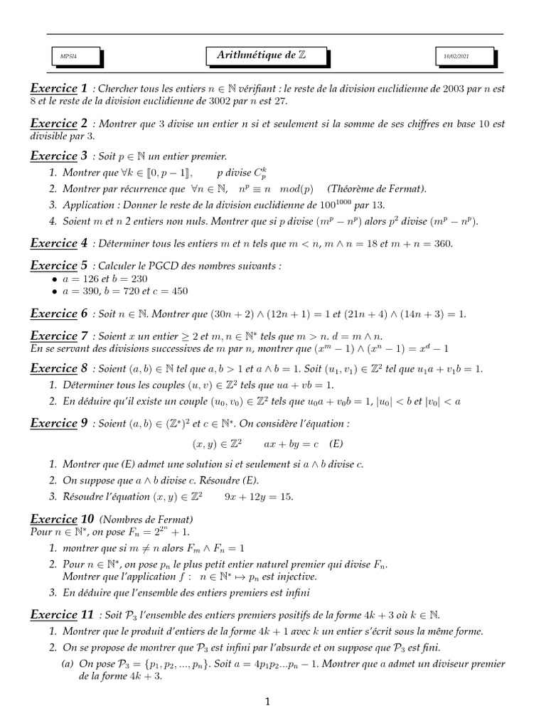 Exercices d'Arithmétique et PGCD | PDF | Mathématiques | Arithmétique