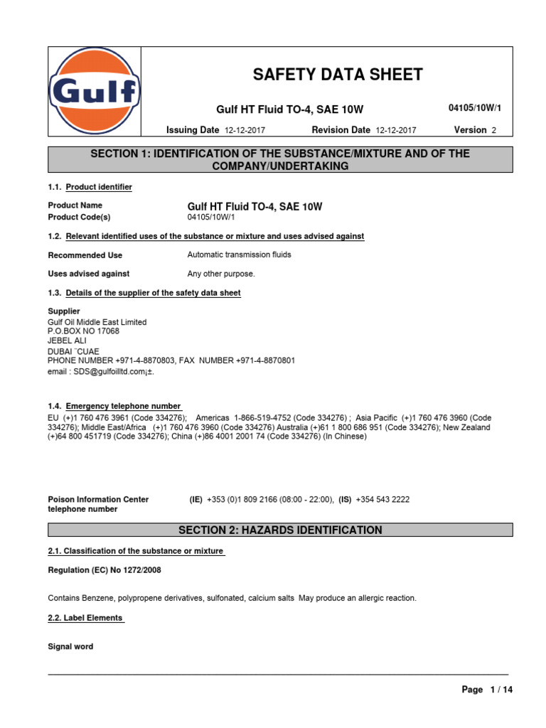 10w 1 Gulf HT Fluid To-4, Sae 10w g2 Sds en F | PDF | Personal ...