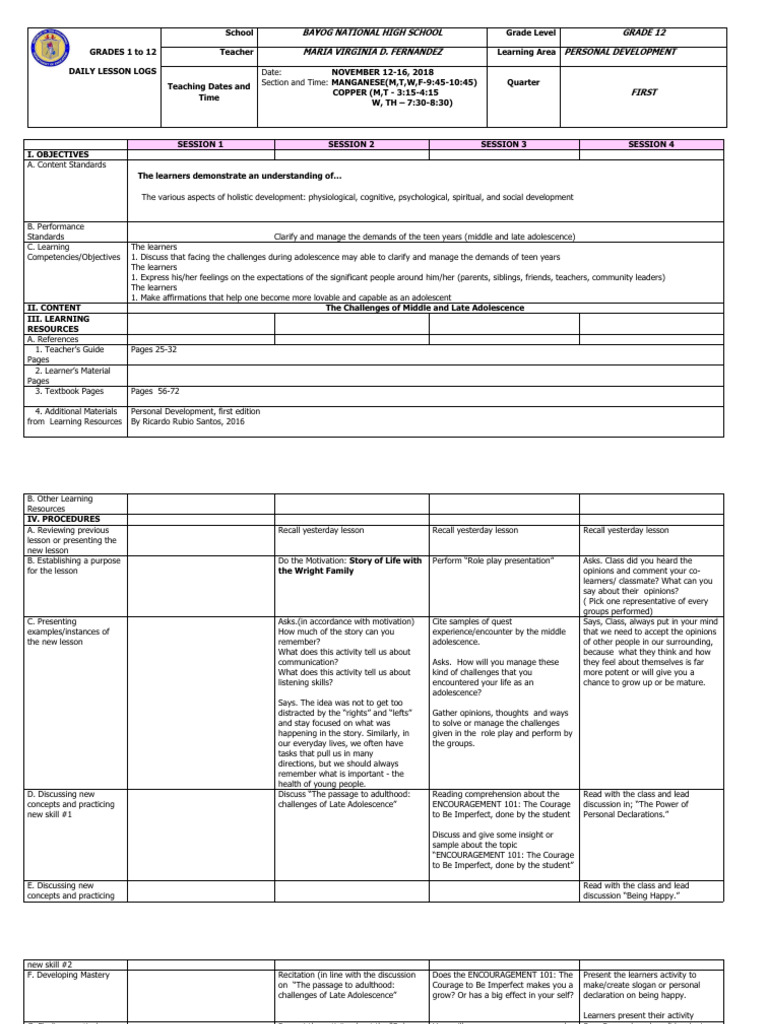 Grade 12 Personal Development Lesson Plan | PDF | Learning | Adolescence