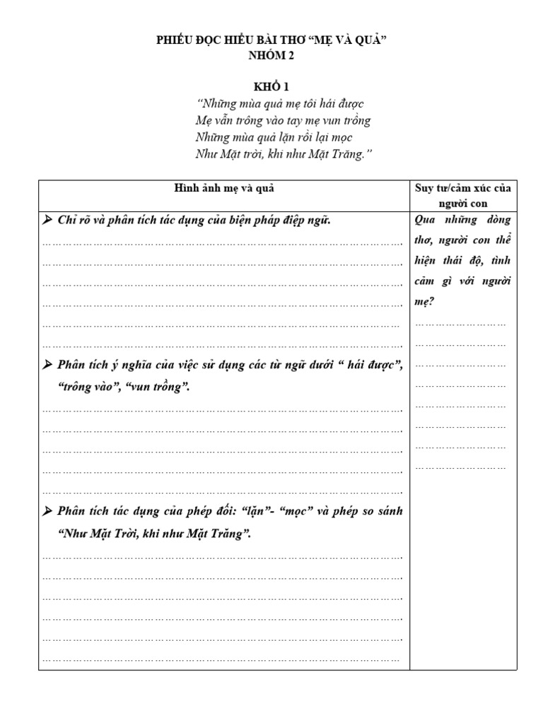 Phiếu Đọc Hiểu Bài Thơ - Nhóm | PDF