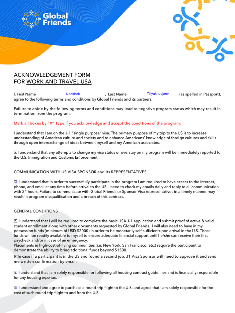 Work and Travel USA Acknowledgment Form | PDF | Travel Visa
