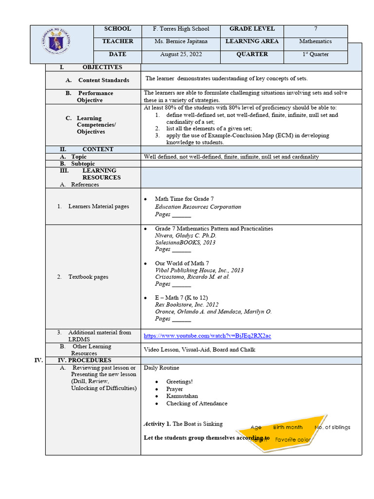 Grade 7 Sets: Concepts and Activities | PDF | Mathematics | Learning