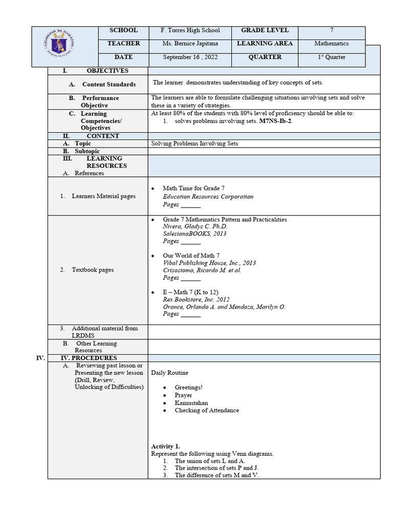 Grade 7 Math: Solving Set Problems | PDF