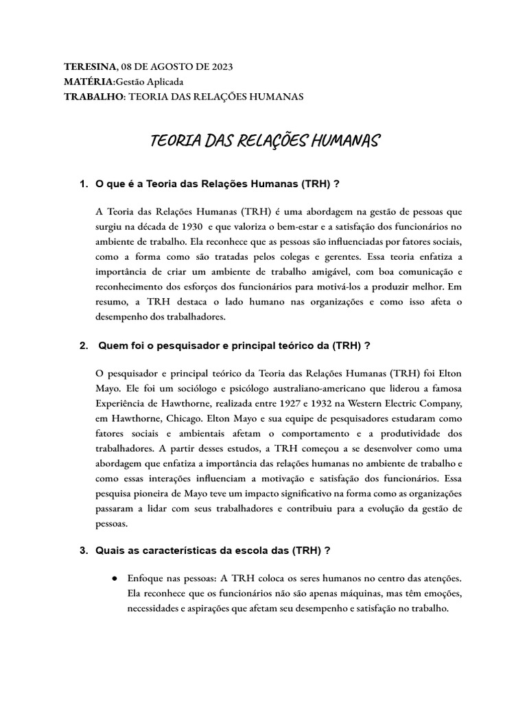 Teoria Das Relações Humanas Pdf Psicologia Motivação