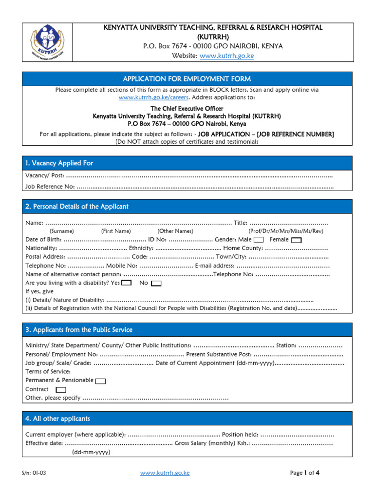 KUTRRH Job Application Form March 2022 PDF