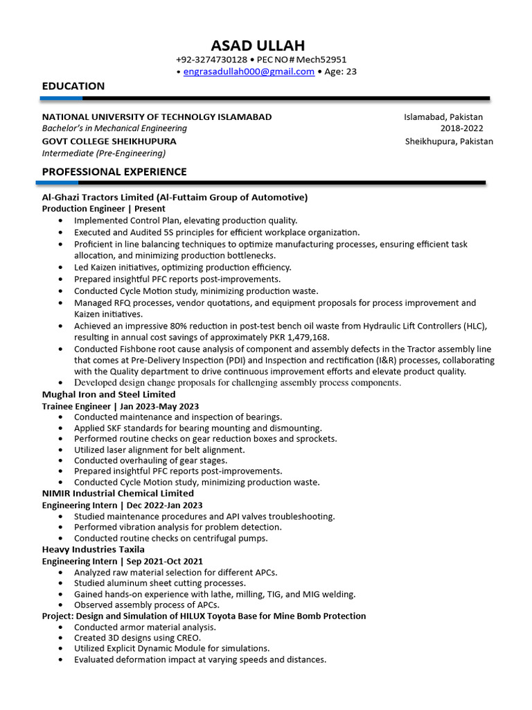 Mushfiq Asadullah: Mechanical Engineer Profile | PDF | Engineering ...