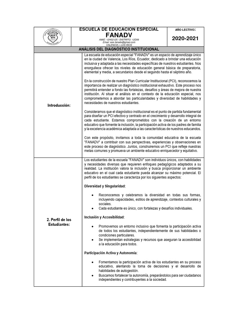 Diagnóstico Institucional FANADV | PDF | Evaluación | Educación especial