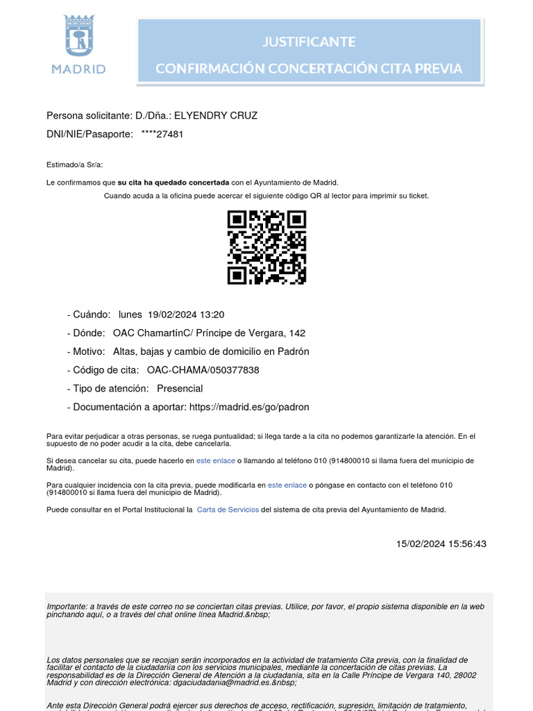 Confirmación de cita empadronamiento Madrid | PDF
