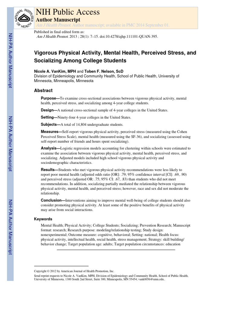 Stress And Mental Health In College Students Reference: Vigorous Physical Activity Mental Health Perceived Stress And