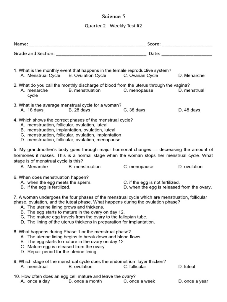Quarter 2 - Weekly Test #2 - Menstrual Cycle | PDF | Menstrual Cycle ...