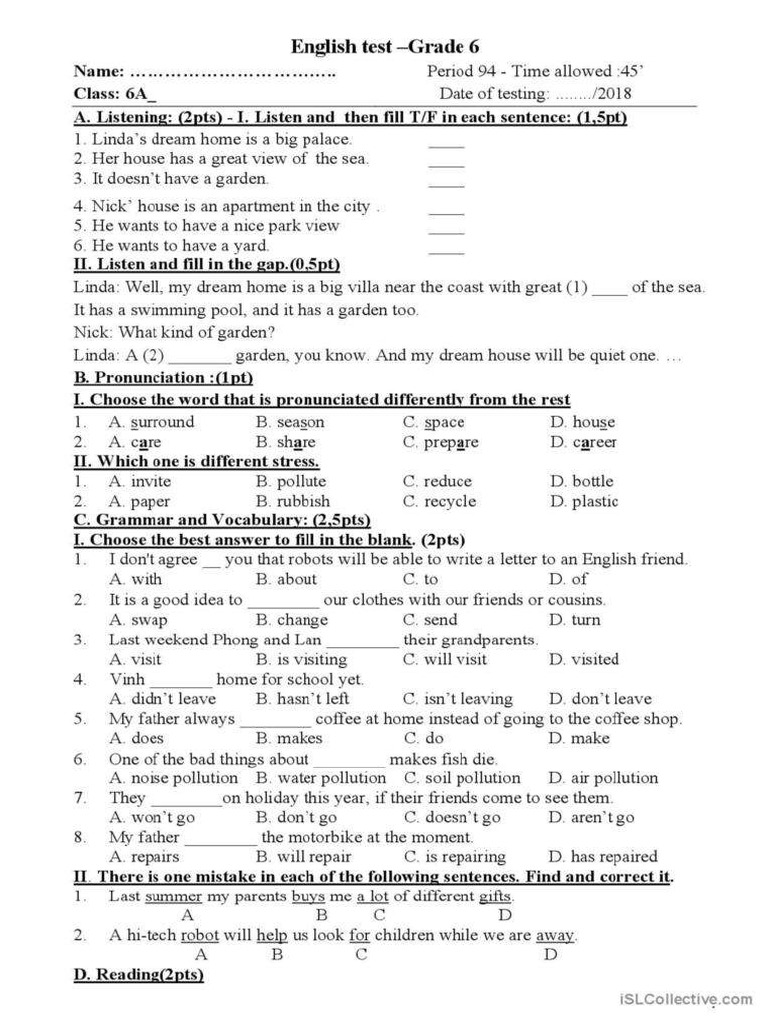 English Test Class 6 Tests - 117281 - 1 | PDF
