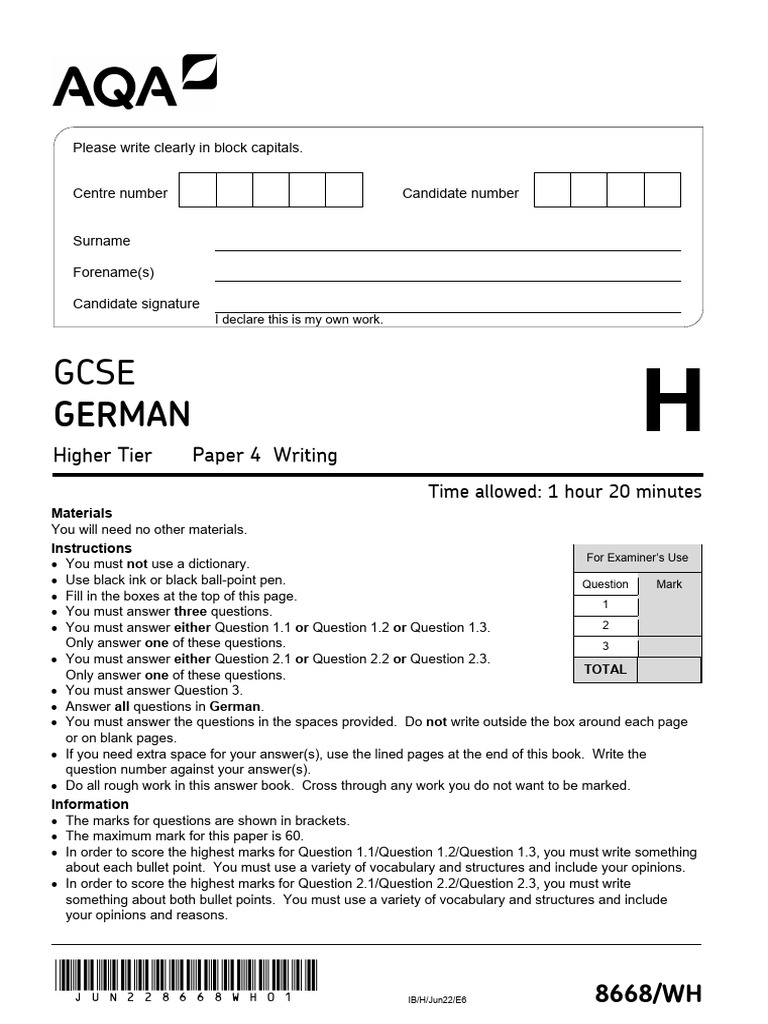 AQA GCSE German Writing Exam Guide | PDF