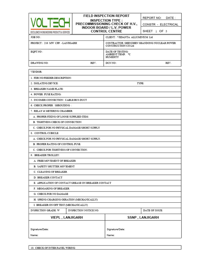 H.V. Control Centre Inspection Report | PDF | Fuse (Electrical) | Relay