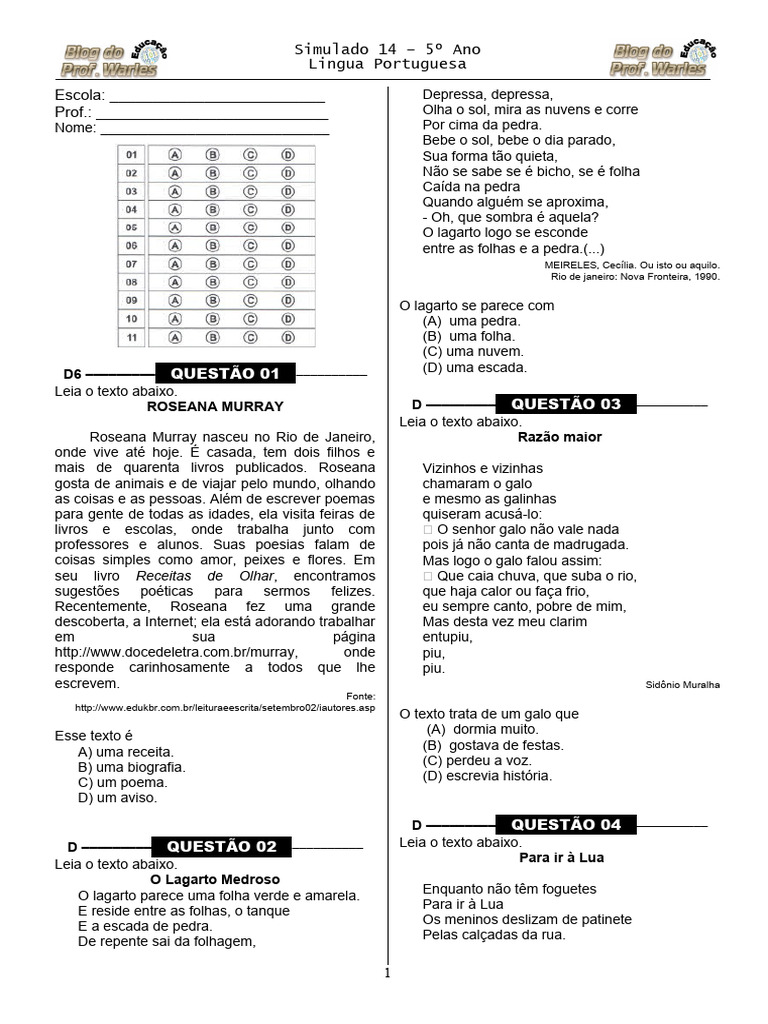 Simulado de Português - 5º Ano | PDF
