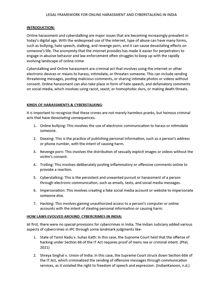 Legal Framework For Online Harassment and Cyberstalking | PDF