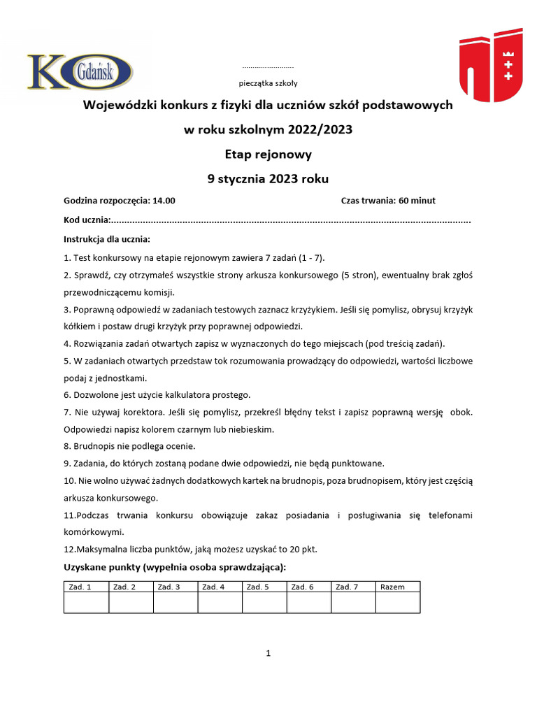 Arkusz Zadan Konkursu Z Fiztyki Stopien II Rejonowy 2022 2023 | PDF