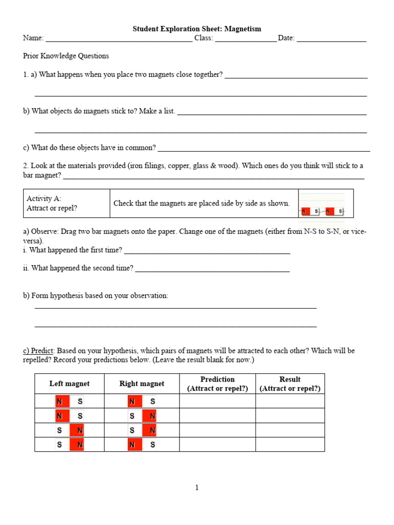 Magnetism Exploration Activity Sheet | PDF | Teaching Methods & Materials