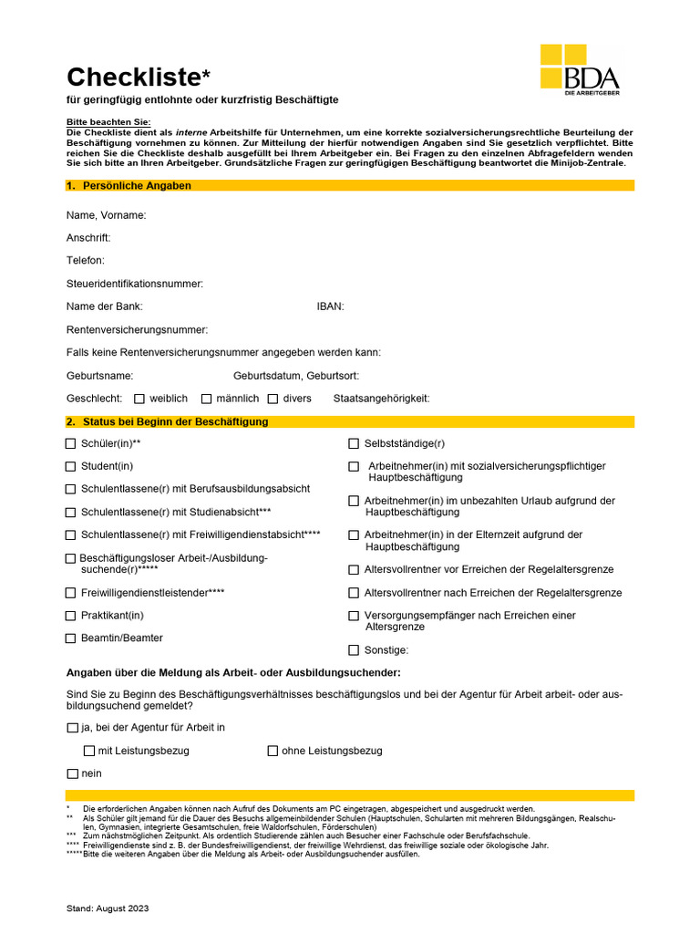 Datev Personalfragebogen 2025 Minijob