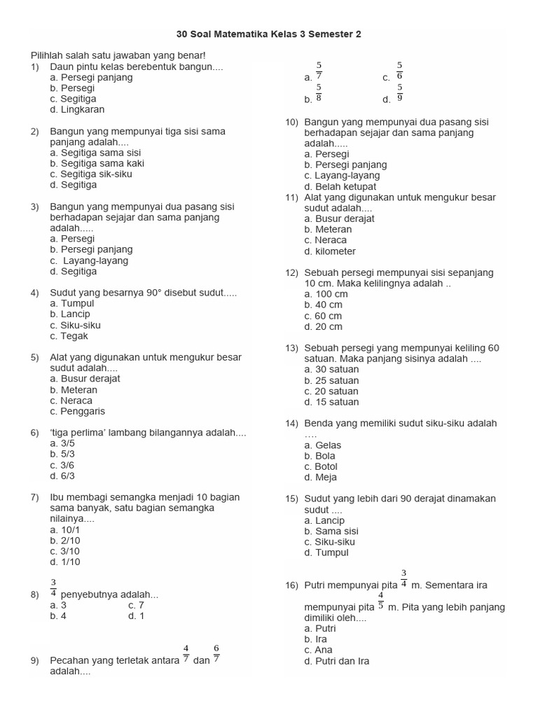 Soal Matematika Kelas 3 Semester 2 | PDF | Metode & Bahan Ajar