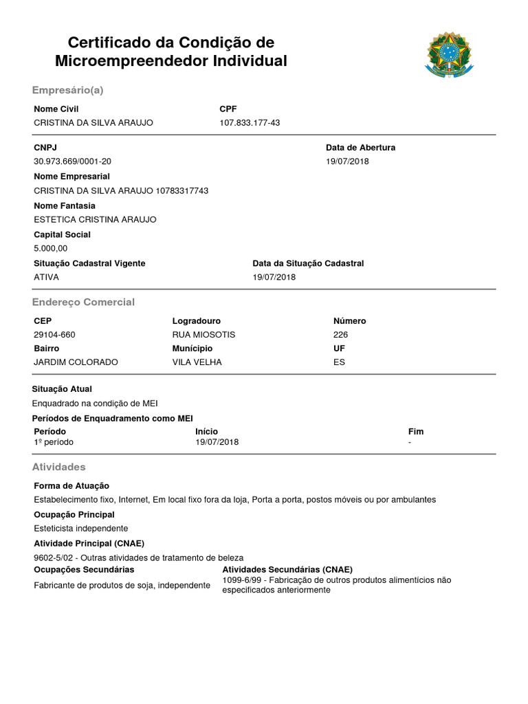 Certificado Da Condição de Microempreendedor Individual: Empresário (A ...