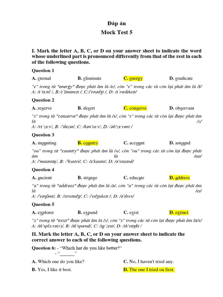 Đáp Án Mock Test 5 | PDF