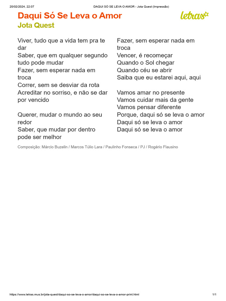 DAQUI SÓ SE LEVA O AMOR - Jota Quest (Impressão) | PDF