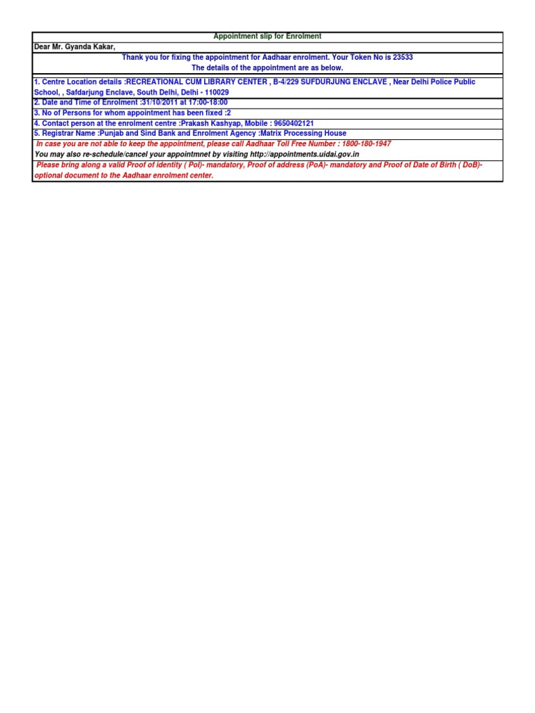 Aadhaar Enrolment Appointment Details | PDF