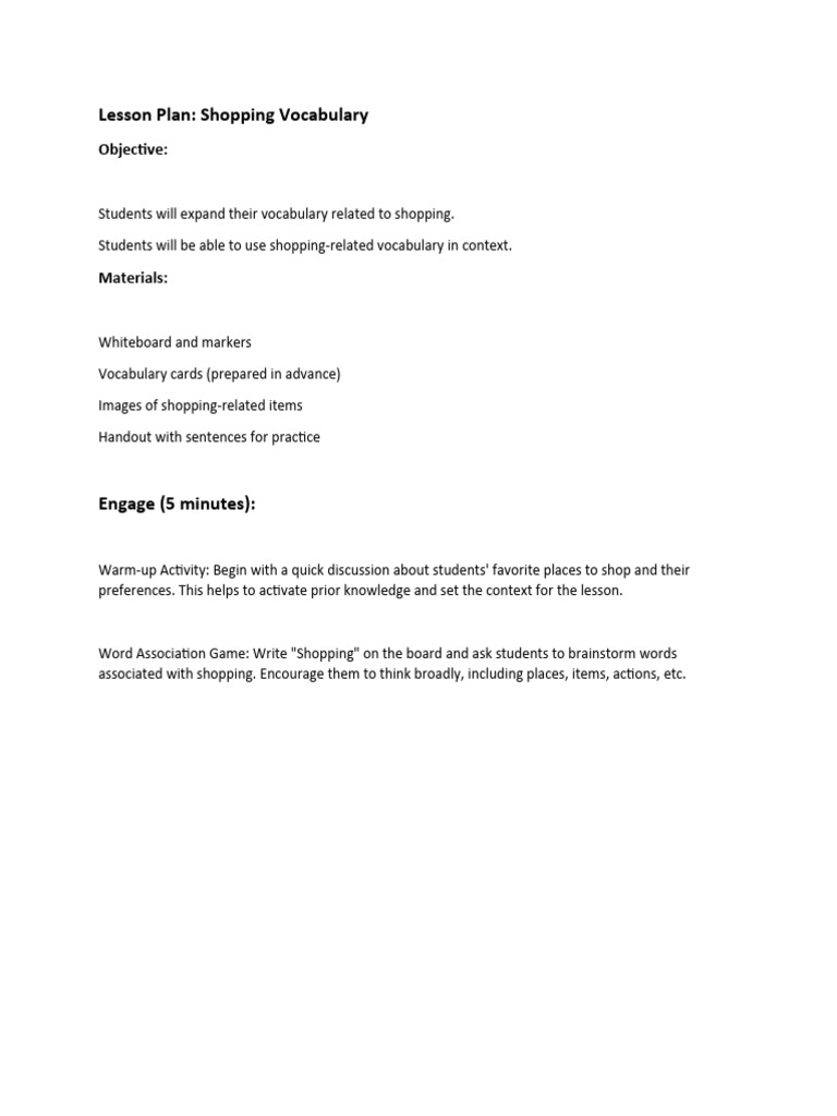 Shopping Vocabulary Lesson Plan | PDF