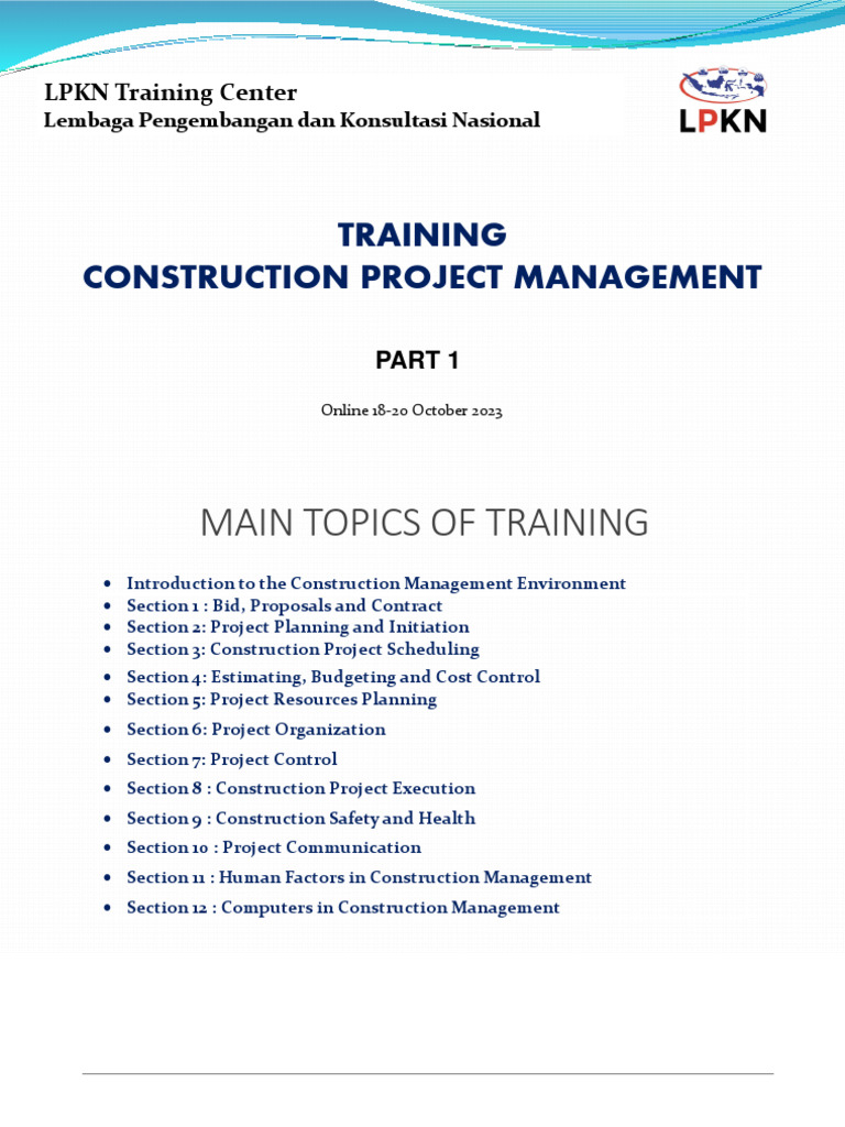 Training Construction Project Management 18.10.2023 (Sec 1 To 6) | PDF