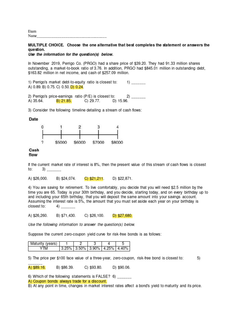 Financial Exam: Multiple Choice Questions | PDF | Bonds (Finance ...