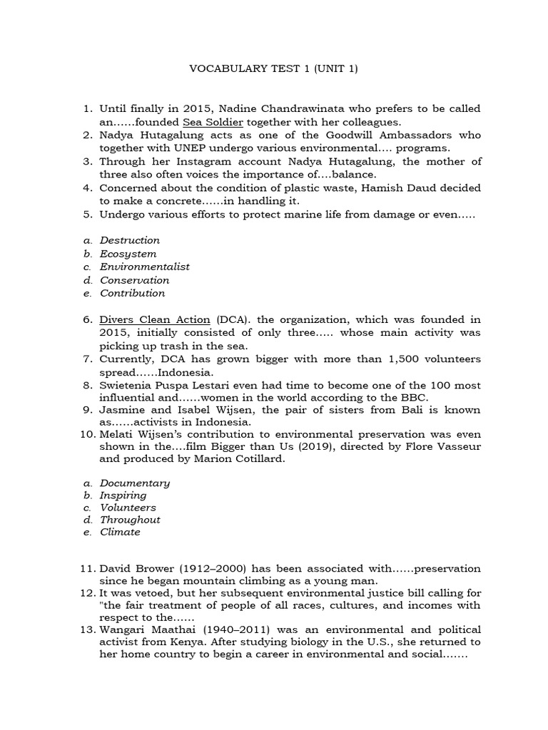 Vocabulary Test 1 (Unit 1) PDF Environmentalism Habitat Destruction