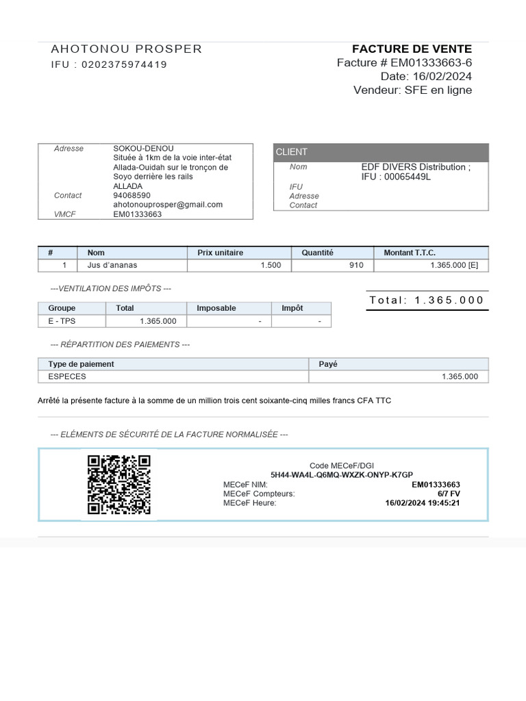 Facture Normalisée EM01333663-6 | PDF