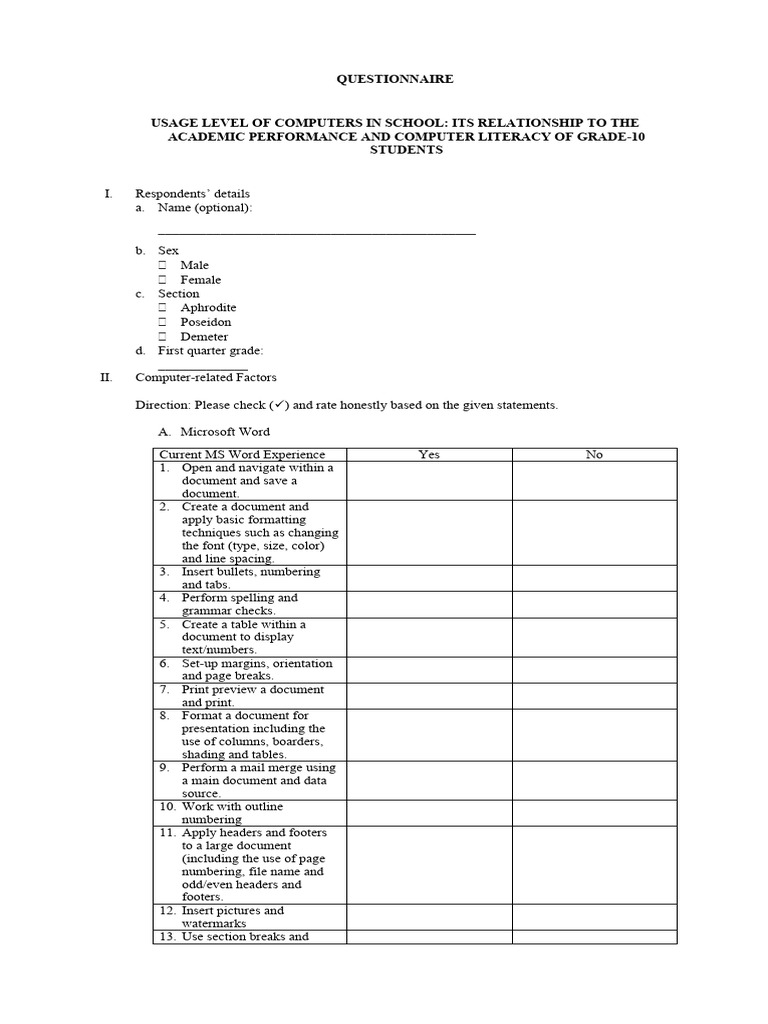 Grade-10 Computer Usage Survey | PDF | Microsoft Excel | Microsoft Word