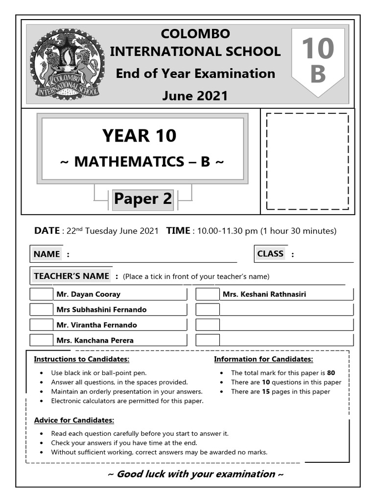 Maths Year 10B Paper 2 | PDF | Area | Equations