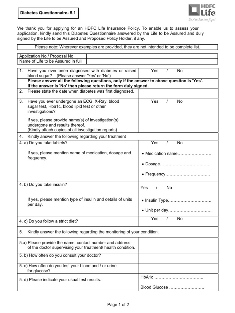 HDFC Life Diabetes Questionnaire Form | PDF | Diabetes | Hyperglycemia