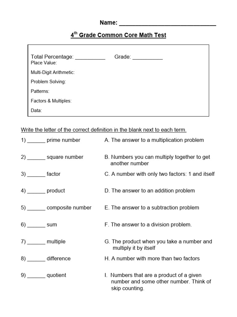 4thgradecommoncoremathtest 1 Pdf